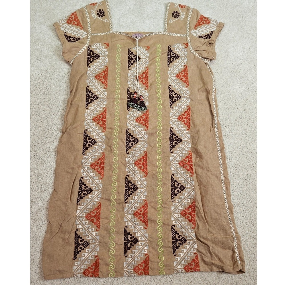 Calypso St Barth Tunic Dress Womens XS Tan Square Neck Artisan Embroidered Linen